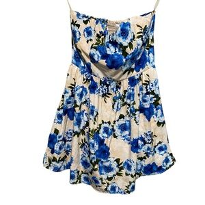 Popcorn‎ Women's Floral Blue and Cream Strapless Flare Mini Dress Size M